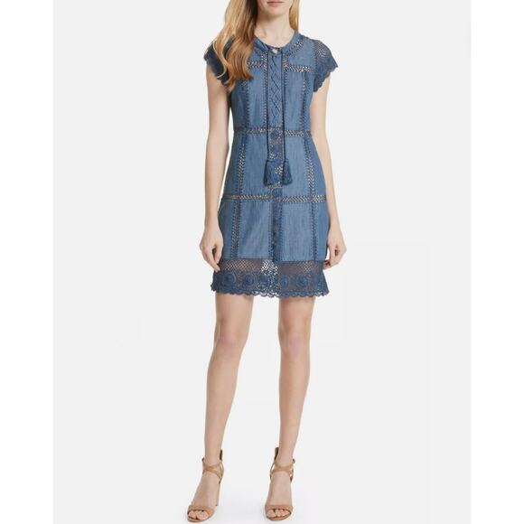 Alice + Olivia womens 12 blue Tona Crocheted Patchwork Chambray mini Dress boho - Picture 1 of 10